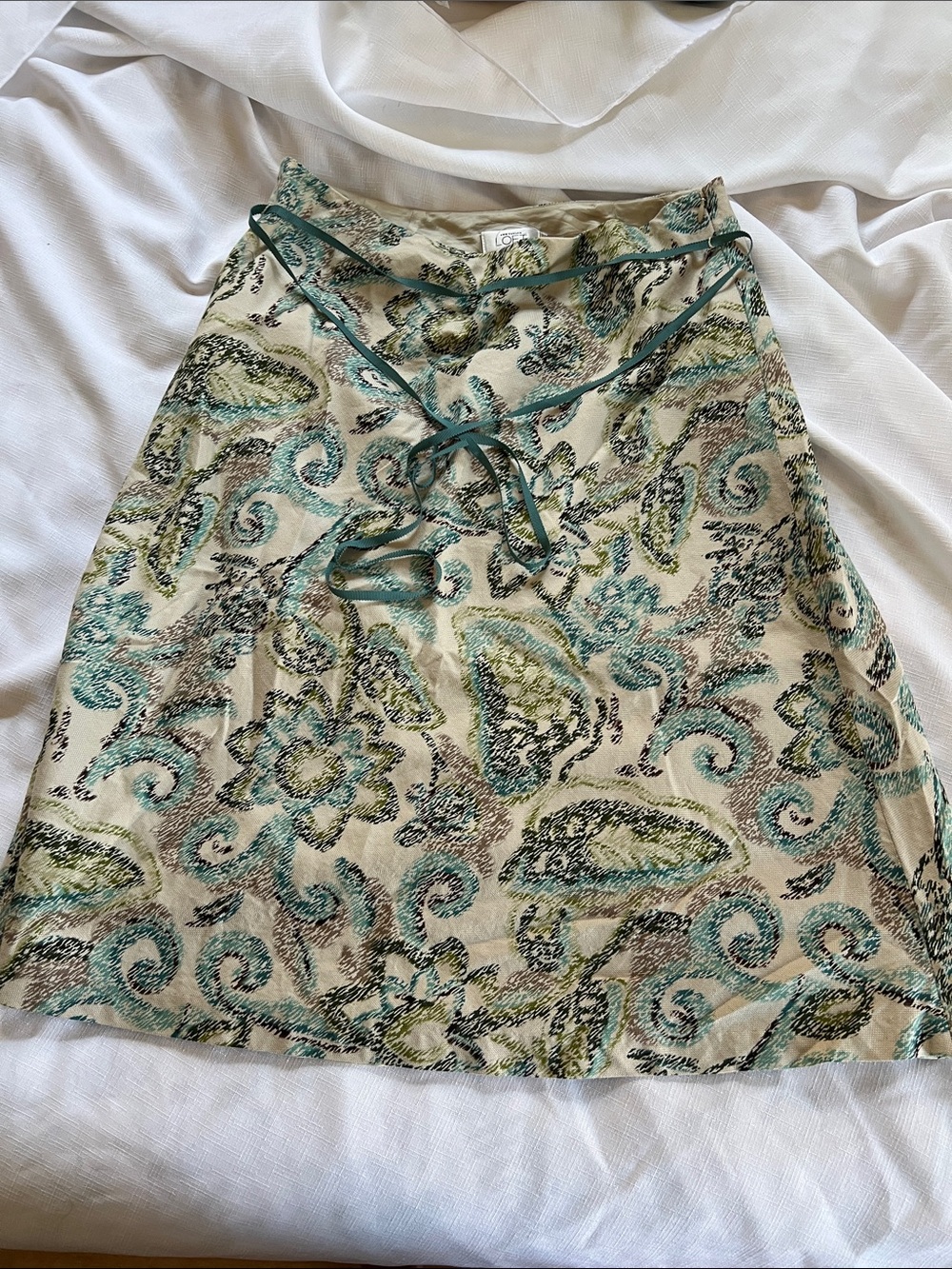LOFT Beige Paisley A-Line Skirt with Teal Trim